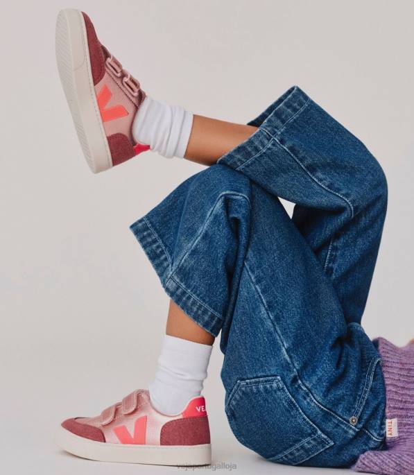 Veja v-12 couro nácar rosa fluo sem cromo Portugal crianças F0VB306